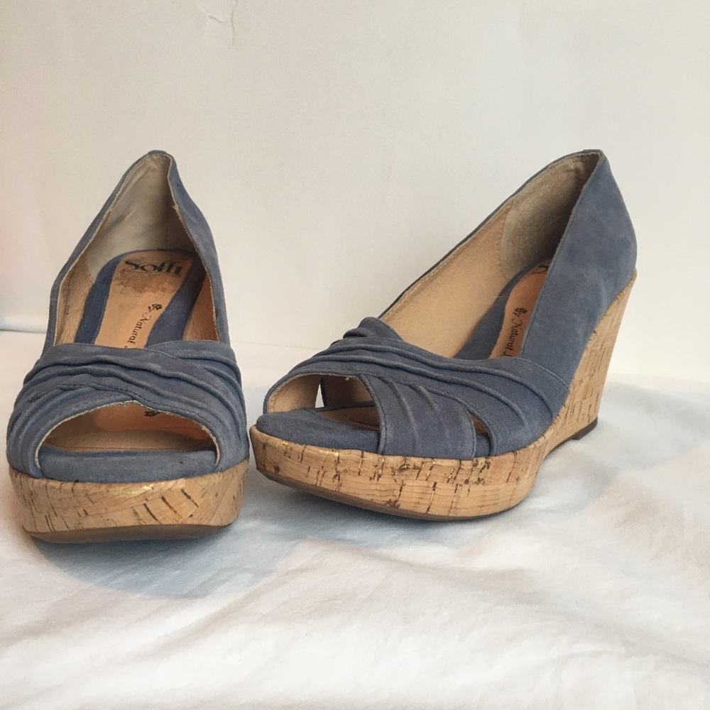 Sofft Blue suede cork wedges with open toes